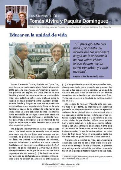 Los siervos de Dios Tomás Alvira Alvira y Paquita Domínguez Susín: hoja informativa. Nº 9: Educar en la unidad de vida. [Brochure]