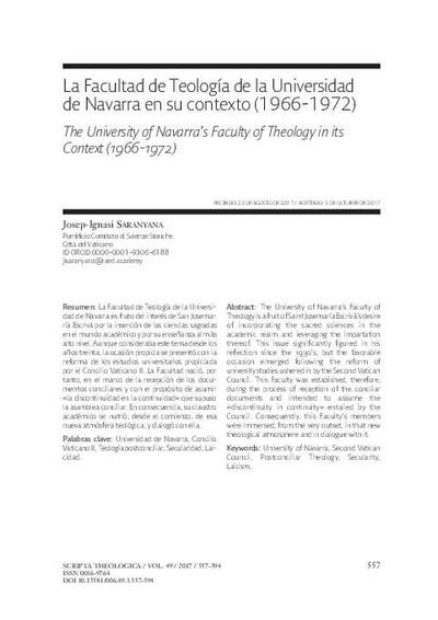 La Facultad de Teología de la Universidad de Navarra en su contexto (1966-1972). [Journal Article]
