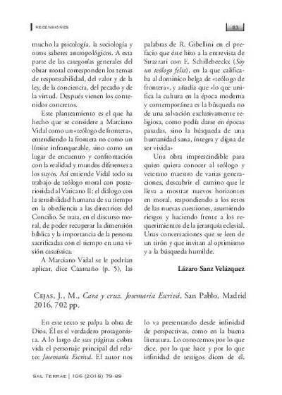 [Recensión sobre: Cara y cruz: Josemaría Escrivá]. [Artículo de revista]