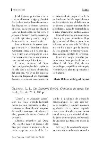 [Recensión sobre: San Josemaría Escrivá: Crónica de un sueño]. [Journal Article]