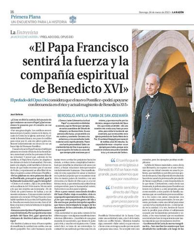 «El Papa Francisco sentirá la fuerza y la compañía espiritual de Benedicto XVI» [Entrevista realizada por José Beltrán]. [Newspaper Article]