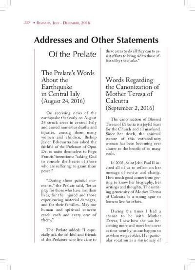 Words Regarding the Canonization of Mother Teresa of Calcutta (September 2, 2016). [Journal Article]