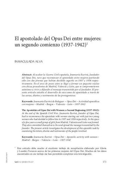 El apostolado del Opus Dei entre mujeres: un segundo comienzo (1937-1942). [Journal Article]