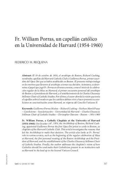Fr. William Porras, un capellán católico en la Universidad de Harvard (1954-1960). [Artículo de revista]