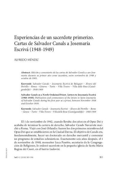 Experiencias de un sacerdote primerizo. Cartas de Salvador Canals a Josemaría Escrivá (1948-1949). [Artículo de revista]