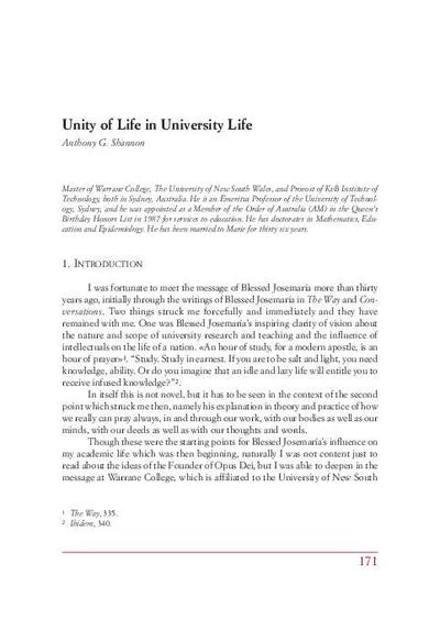 Unity of Life in University Life. [Book Section]