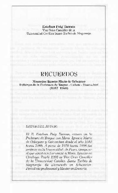 Recuerdos: Monseñor Ignacio María de Orbegozo, I Obispo de la Prelatura de Yauyos - Huarochirí (1957-1968). [Book Section]
