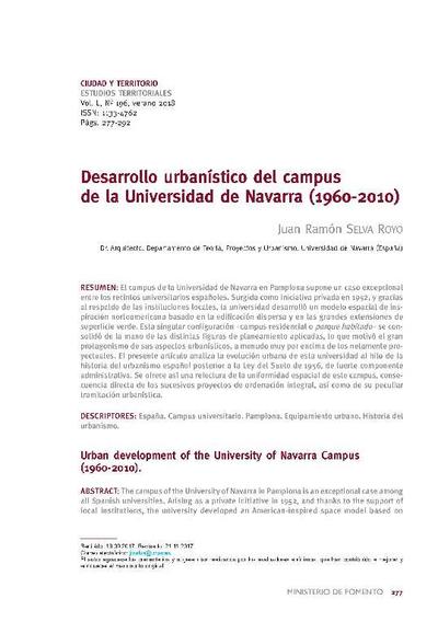 Desarrollo urbanístico del campus de la Universidad de Navarra (1960-2010). [Artículo de revista]