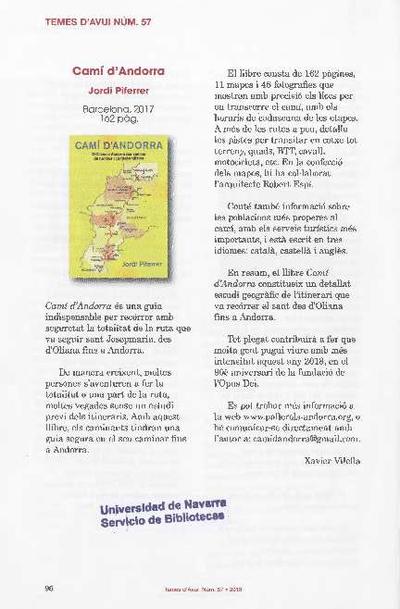 [Recensión sobre: Camí d'Andorra: d'Oliana a Andorra per camins de fugitius i contrabandistes]. [Journal Article]