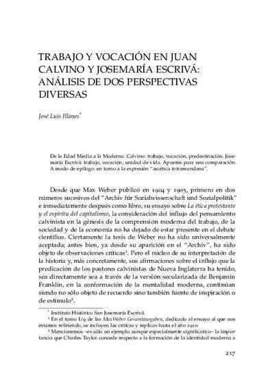 Trabajo y vocación en Juan Calvino y Josemaría Escrivá: Análisis de dos perspectivas diversas. [Parte de un libro]