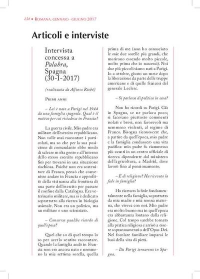 Intervista concessa a «Palabra», Spagna (30-I-2017) (Realizzata da Alfonso Riobó). [Artículo de revista]