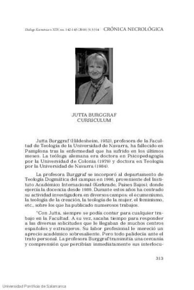Crónica negrológica: Jutta Burggraf, curriculum. [Artículo de revista]