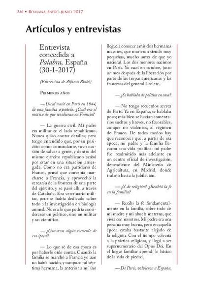 Entrevista concedida a «Palabra», España (30-I-2017) (Entrevista de Alfonso Riobó). [Journal Article]
