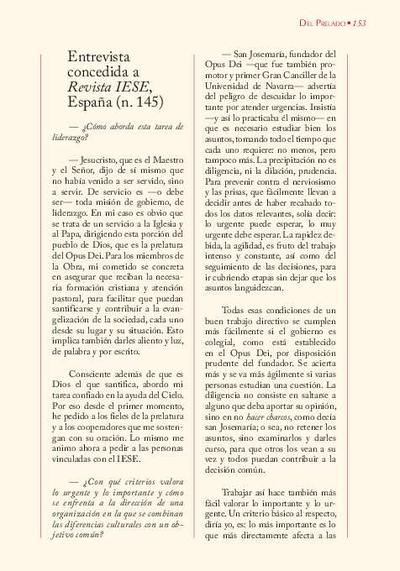 Entrevista concedida a «Revista IESE», España (n. 145). [Journal Article]
