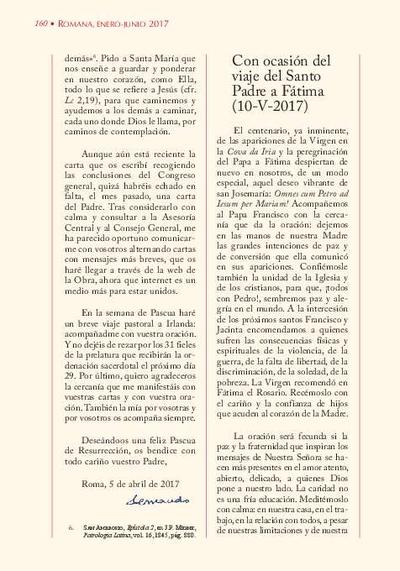Mensaje con ocasión del viaje del Santo Padre a Fátima (10-V-2017). [Journal Article]