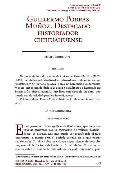 Guillermo Porras Muñoz. Destacado historiador Chihuahuense. [E-Journal Article]