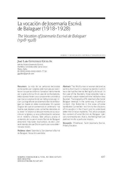 La vocación de Josemaría Escrivá de Balaguer (1918-1928). [Artículo de revista]