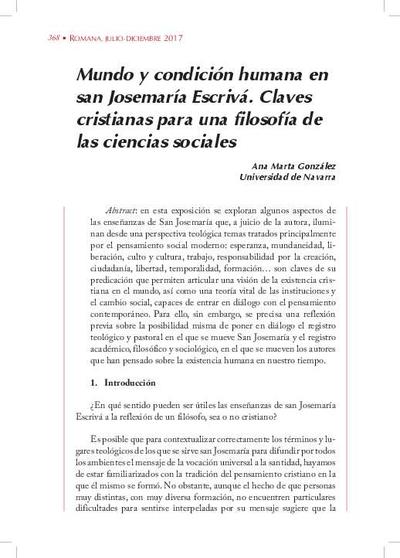 Mundo y condición humana en san Josemaría Escrivá. Claves cristianas para una filosofía de las ciencias sociales. [Journal Article]