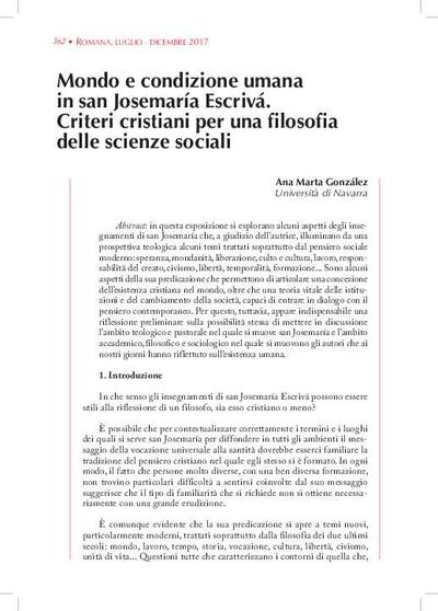 Mondo e condizione umana in san Josemaría Escrivá. Criteri cristiani per una filosofia delle science sociali. [Journal Article]