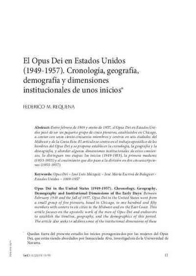 El Opus Dei en Estados Unidos (1949-1957). Cronología, geografía, demografía y dimensiones institucionales de unos inicios. [Journal Article]