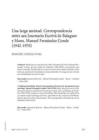 Una larga amistad. Correspondencia entre san Josemaría Escrivá de Balaguer y mons. Manuel Fernández Conde (1942-1970). [Journal Article]
