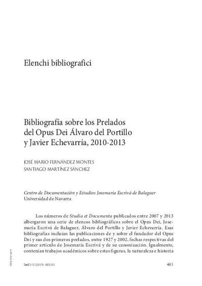 Bibliografía general sobre los Prelados del Opus Dei: Álvaro del Portillo y Javier Echevarría, 2010-2013. [Artículo de revista]