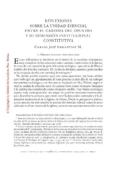 Reflexiones sobre la unidad esencial entre el carisma del Opus Dei y su dimensión constitutiva. [Journal Article]