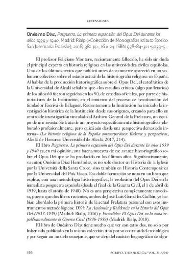 [Recensión sobre: Posguerra: La primera expansión del Opus Dei durante los años 1939 y 1940]. [Journal Article]