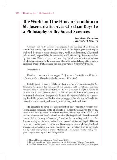 The World and the Human Condition in St. Josemaría Escrivá: Christian Keys to a Philosophy of the Social Sciences. [Journal Article]