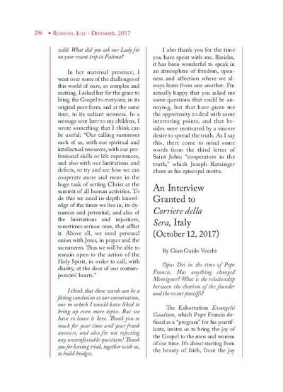 Interview Granted to <i>Corriere della Sera</i>, Italy (October 12, 2017) By Gian Guido Vecchi. [Artículo de revista]