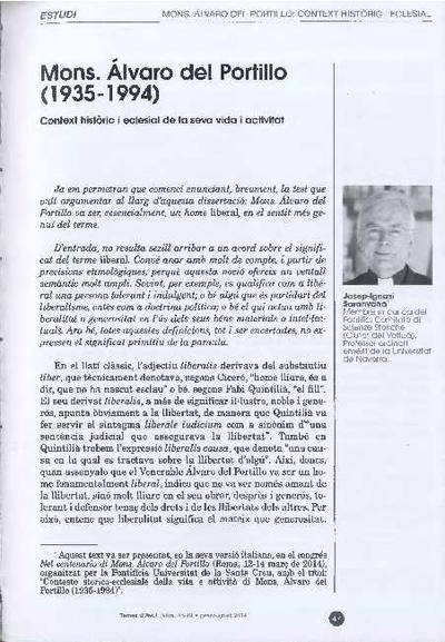 Mons. Álvaro del Portillo (1935-1994): Context històric i eclesial de la seva vida i activitat. [Journal Article]