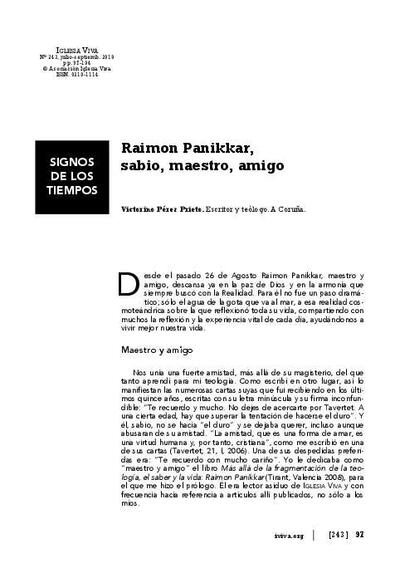 Raimon Panikkar, sabio, maestro, amigo. [Art&iacute;culo de revista]