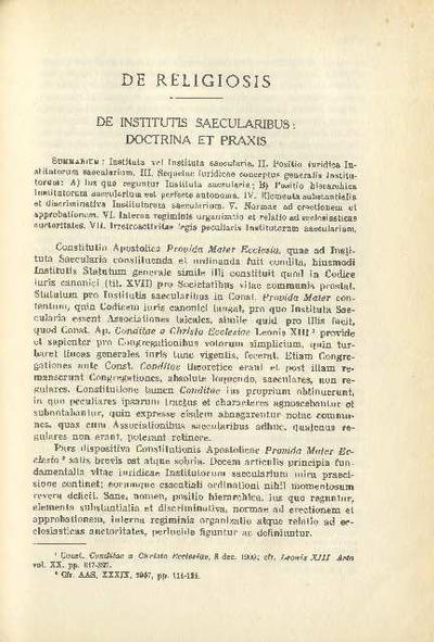 De Institutis saeculiaribus: doctrina et praxis. [Artículo de revista]