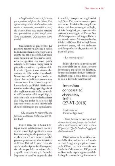 Intervista concessa ad «Avvenire», Italia (27-VI-2018) (Entrevista realizada por Francesco Ognibene). [Journal Article]