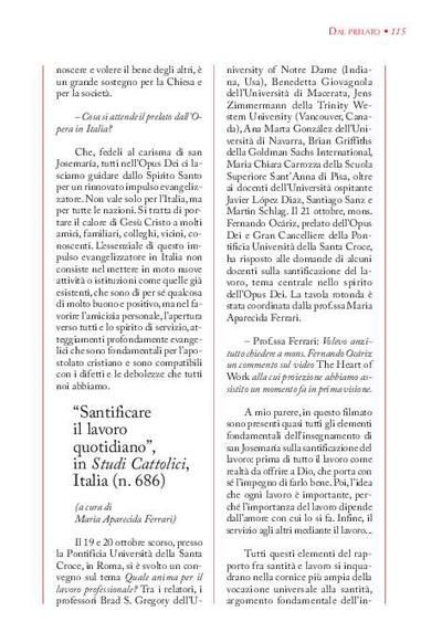 Intervista concessa a Maria Aparecida Ferrari, "Santificare il lavoro quotidiano", in «Studi Cattolici», Italia (n. 686). [Journal Article]