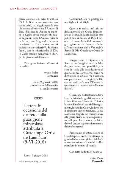 Lettera in occasione del decreto sulla guarigione miracolosa attribuita a Guadalupe Ortiz de Landázuri (9-VI-2018). [Artículo de revista]