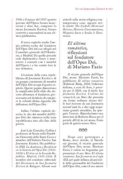 El último romántico, riflessioni sul fondatore dell'Opus Dei, di Mariano Fazio. [Intervista concessa a Roberto Bosca, in «AICA»]. [Journal Article]