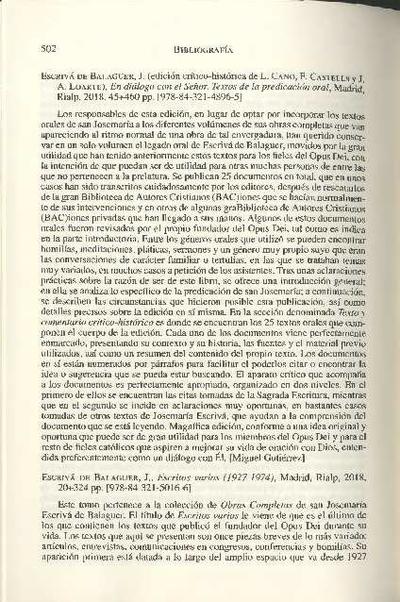 [Recensión sobre: En diálogo con el Señor: Textos de la predicación oral. Edición crítico-histórica preparada por Luis Cano, Francesc Castells y José Antonio Loarte]. [Artículo de revista]