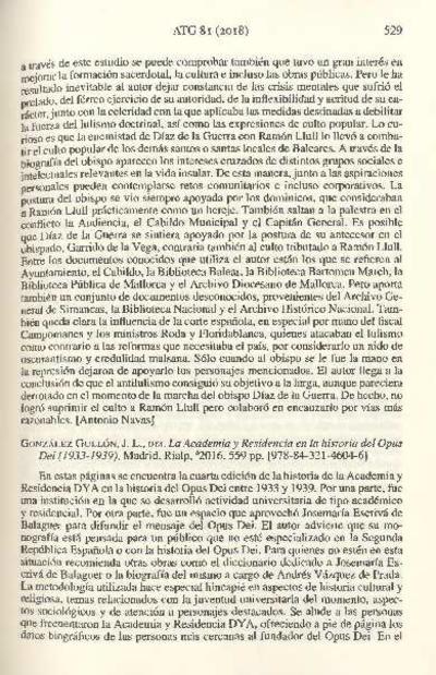 [Recensión sobre: DYA. La Academia y Residencia en la historia del Opus Dei (1933-1939)]. [Journal Article]
