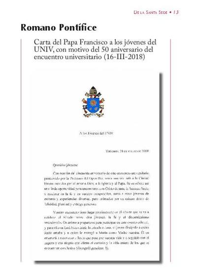 Carta del Papa Francisco a los jóvenes del UNIV, con motivo del 50 aniversario del encuentro universitario (16-III-2018). [Artículo de revista]