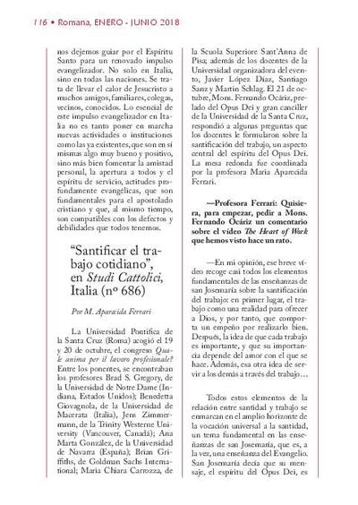"Santificar el trabajo cotidiano", en <i>Studi Cattolici</i>, Italia (nº 686) [Entrevista de M. Aparecida Ferrari]. [Artículo de revista]