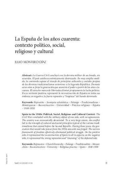 La España de los años cuarenta: contexto político, social, religioso y cultural. [Artículo de revista]