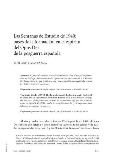 Las Semanas de Estudio de 1940: bases de la formación en el espíritu del Opus Dei de la posguerra española. [Artículo de revista]