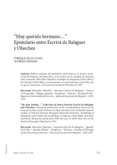 "Muy querido hermano...". Epistolario entre Escrivá de Balaguer y Olaechea. [Journal Article]
