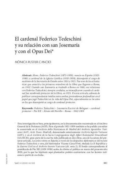 El cardenal Federico Tedeschini y su relación con san Josemaría y con el Opus Dei. [Journal Article]