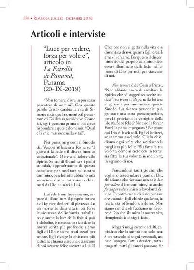 'Luce per vedere, forza per volere', articolo in «La Estrella de Panamá», Panamá (20-IX-2018). [Artículo de revista]