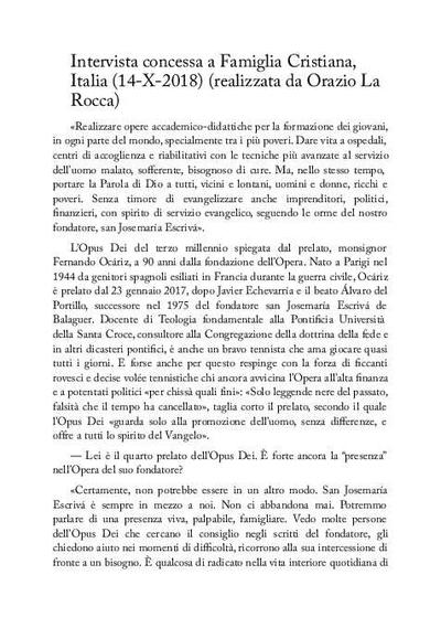 Intervista concessa a «Famiglia Cristiana» realizzata da Orazio La Rocca, Italia (14-X-2018). [Journal Article]