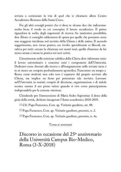 Discorso in occasione del 25º anniversario della Università Campus Bio-Medico, Roma (3-X-2018). [Artículo de revista]