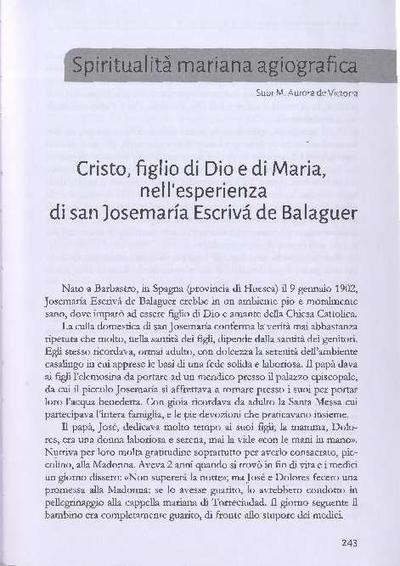 Cristo, figlio di Dio e di Maria, nell'esperienza di san Josemaría Escrivá de Balaguer. [Artículo de revista]