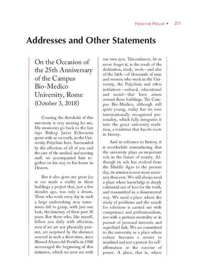 Address on the Occasion of the 25th Anniversary of the Campus Bio-Medico University, Rome (October 3, 2018). [Artículo de revista]